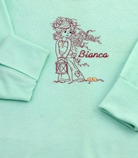 Bluza de bumbac pentru fete cu decolteu la baza gatului verde mint, brodata, personalizata