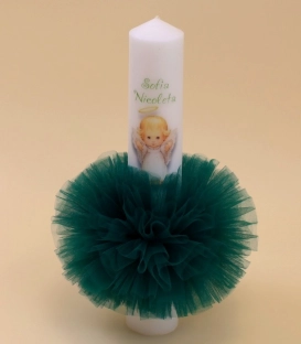 Lumanare de  botez de culoare verde smarald model  ingeras Sofia pentru fetite