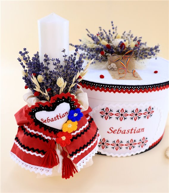 Lumanare si cutie trusou botez traditionala