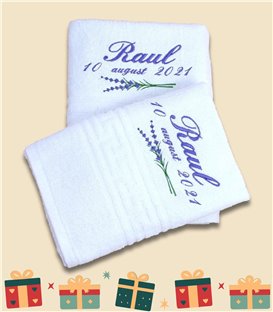 Prosop personalizat,alb, bumbac, broderie lavanda si nume